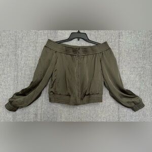 BCBG BCBGMAXRIA Marco Off Shoulder Cropped Bomber Jacket Zip Olive Green -Size S